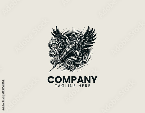 Black vector line art illustration of a detailed steampunk style drill machine with wings and smoke elements