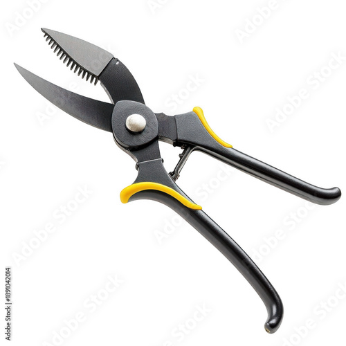 Black and yellow hand pruner isolated on transparent background