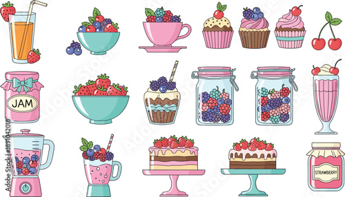 Cute berry dessert and drink vector set with cakes, cupcakes, jars, smoothies, bowls, and sweet treats in colorful flat illustration style