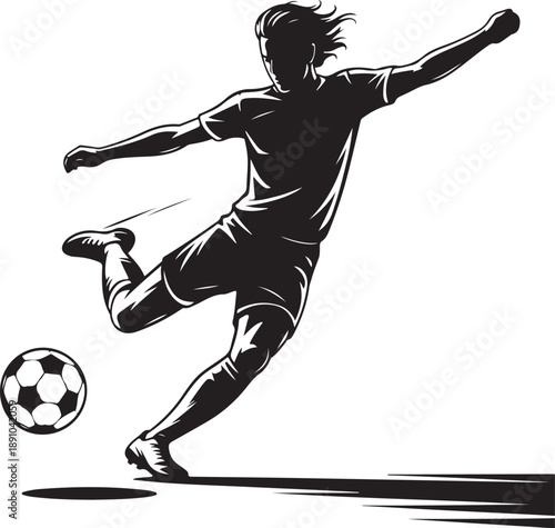 Men soccer player vector silhouettes on white background isolated. Silhouette of a woman kicking soccer ball, vector illustration
