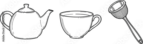 Teapot, Cup, and Tea Strainer on a White Background