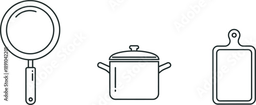 Minimalist kitchenware icons of frying pan, pot, and cutting board