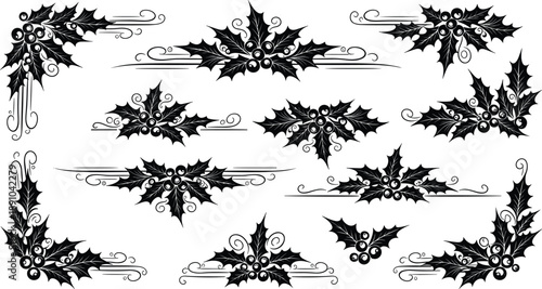 Vintage ornamental holly flourishes vector set with elegant Christmas leaves, berries, and decorative scroll dividers in black silhouette style
