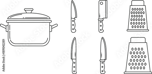 Kitchenware Outline Pot, Knives, and Graters on White Background