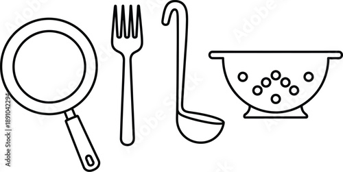 Kitchenware Outline with Frying Pan, Fork, Ladle
