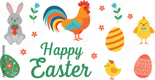 Happy Easter greeting vector with cute bunny, rooster, chicks, decorated eggs, flowers, and spring elements in colorful cartoon flat illustration style
