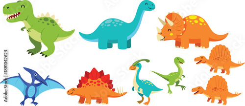 Cute cartoon dinosaur vector set with different prehistoric animals including tyrannosaurus, stegosaurus, triceratops, and flying reptiles in flat style