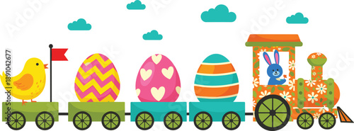 Cute Easter train vector with colorful decorated eggs, bunny conductor, chick, and spring elements in playful cartoon flat illustration style