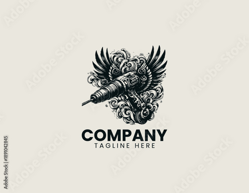 Black vector line art illustration of a detailed steampunk style drill machine with wings and smoke elements