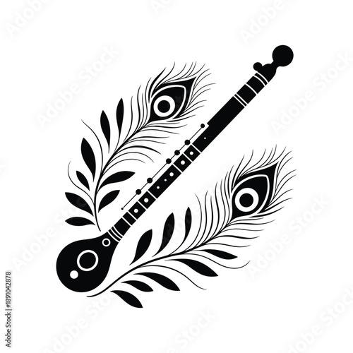 Elegant black silhouette of a bansuri flute adorned with decorative peacock feathers isolated on white