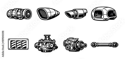Collection of mechanical parts featuring turbo, gearbox, and exhaust components