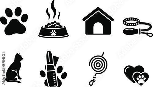 Silhouette of pet related objects isolated on transparent background