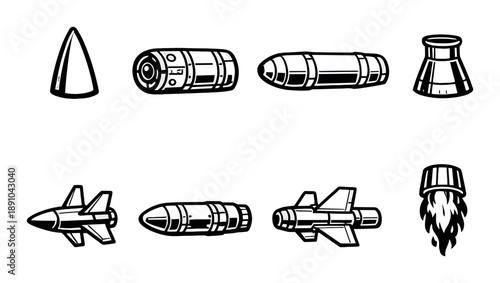 Icon set of rocket and missile components on dark background