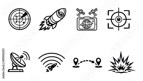 Black minimalist military icons featuring rocket, radar, and satellite with navigation symbols