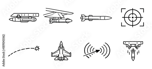 Military aircraft and missile icon set with radar targeting graphics