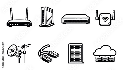 Network devices icons: router, modem, switch, extender, satellite, cables, server, cloud