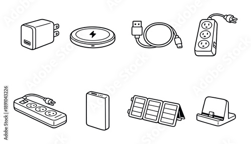 Set of electronic charging devices: plugs, cables, solar panels, and stands