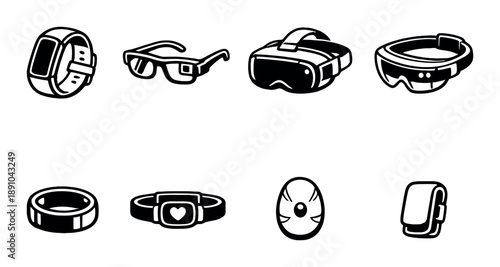 Assorted wearable tech devices including vr headset and smartwatch on gray background