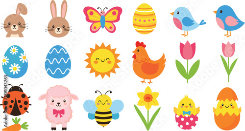 Cute spring and Easter characters vector set with animals, birds, insects, flowers, eggs, and cheerful cartoon icons in flat style