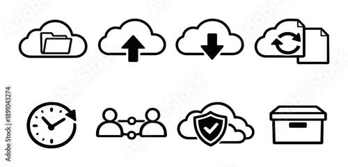 Cloud storage icons for data management and file backup solutions