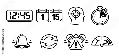 Monochrome icon set featuring clocks, calendars, and alerts on gray background