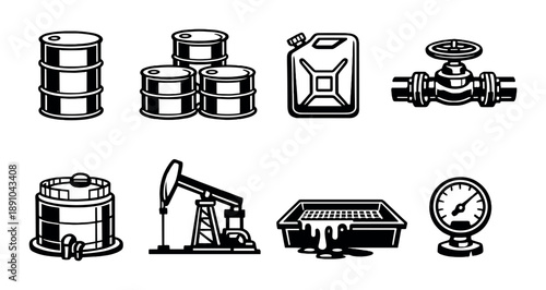 Industrial oil and gas equipment icons collection on dark background