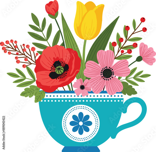Decorative floral bouquet in teacup vector illustration with colorful spring flowers, leaves, and cozy tea time concept in flat style