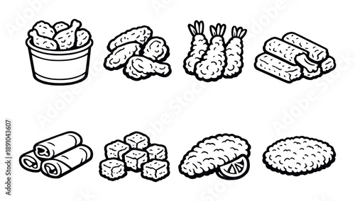 Black and white icons of fried foods including chicken and shrimp