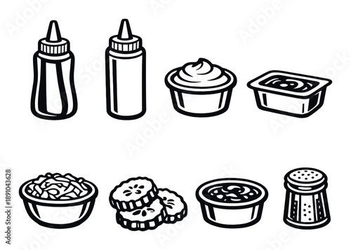Assorted condiments and toppings: bottles, cream, sauce, pickles, and salt