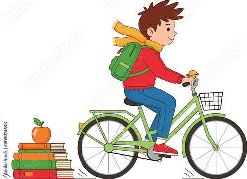 Cute schoolboy riding bicycle with backpack and books vector illustration showing education, learning, and back to school concept in flat style