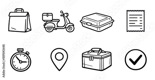 Icons of delivery: shopping bag, scooter, lunchbox, receipt, stopwatch, location, toolbox, checkmark