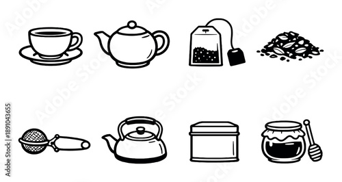 Tea and coffee icons: cup, teapot, teabag, beans, strainer, kettle, tin, honey jar