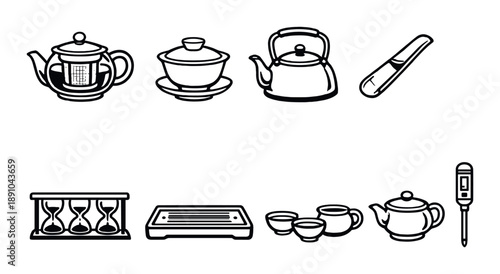 Monochrome tea icons set: teapots, cups, thermometer, hourglass, tray