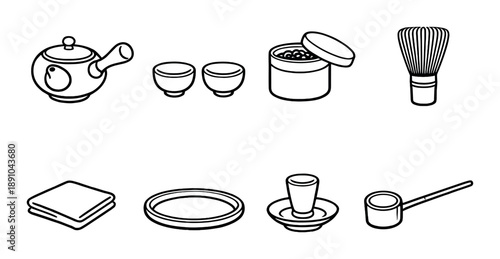 Traditional japanese tea ceremony utensils and accessories on display