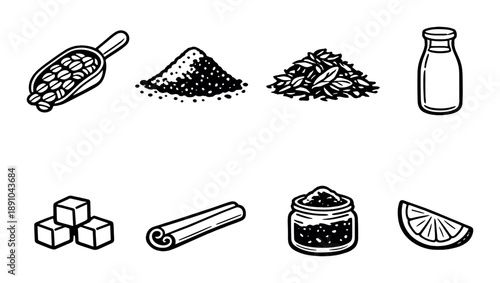 Illustrated set of cooking ingredients on dark background