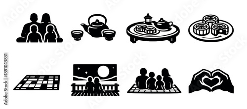 Silhouette icons of family, tea ceremony, sushi, movie night, and heart gesture