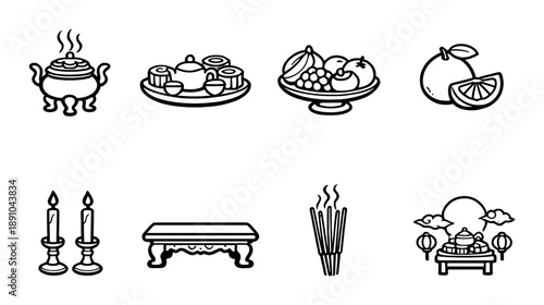 Traditional asian icons of tea, fruit, candles, and incense on elegant dark background