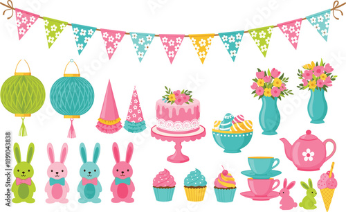 Cute pastel Easter celebration vector set with bunnies, cakes, cupcakes, tea party elements, lanterns, floral decorations, and festive bunting flags