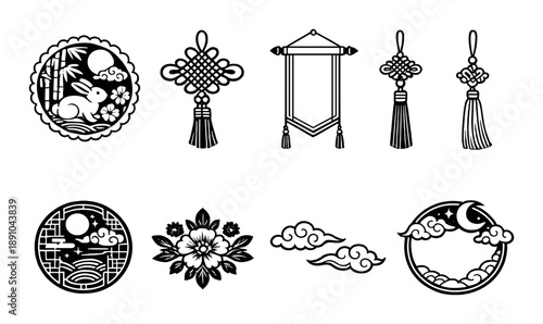 Ornate chinese-inspired symbols with clouds, flowers, lanterns, rabbits, and geometric shapes
