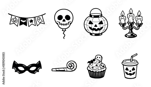 Halloween icon set: skull, jack-o'-lantern, bat, mask, cupcake, candle