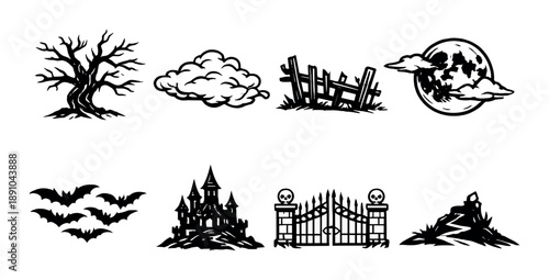 Spooky halloween silhouettes: haunted tree, cloud, fence, moon, bat, castle, gate, hill