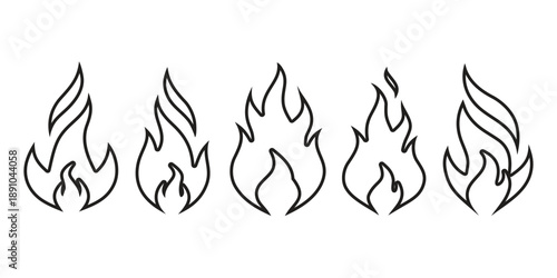 Different black silhouette flame icons arranged horizontally, representing fire, heat, and energy in various styles.