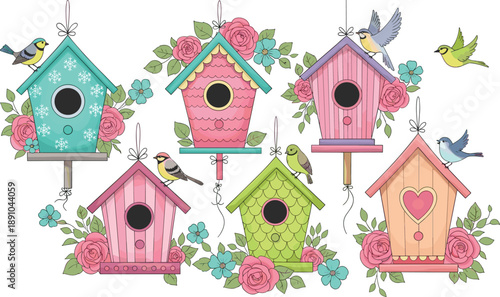 Cute pastel birdhouse vector set with floral decorations, birds, hanging houses, spring garden elements in hand drawn flat illustration style