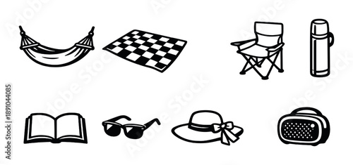 Icon set: hammock, picnic, chair, flask, book, sunglasses, hat, vr headset