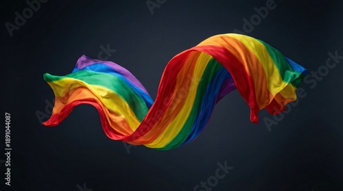 Vibrant rainbow flag waving dynamically against dark background