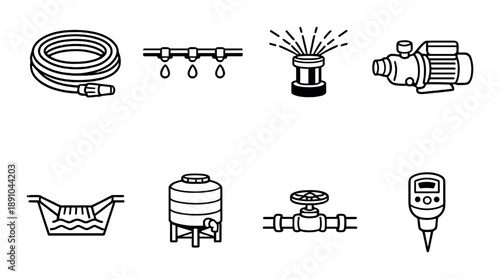 Essential irrigation tools: hose, sprinkler, pump, drip system, and water management icons