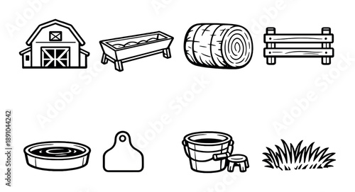 Farm icons: barn, trough, hay, fence, bucket, cutting board, grass, water trough