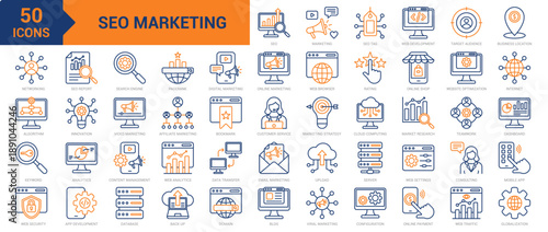 SEO Marketing colored line icon collection set. Containing SEO, marketing, SEO tag, algorithm, target audience, networking, keyword, dashboard, web security, bookmark, domain, back up, traffic icons