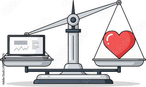 Balancing work life with personal relationships, represented by a laptop on a scale against a heart