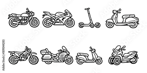 Black and white outline drawings of motorcycles, scooters, and electric scooter on gray background